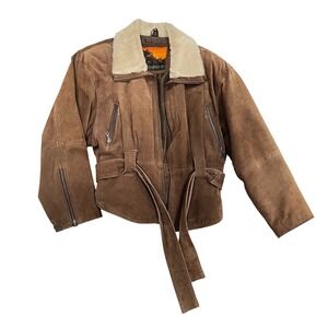 OutBrook Vintage Brown Suede Leather Bomber Jacket Faux Fur Collar Women Large